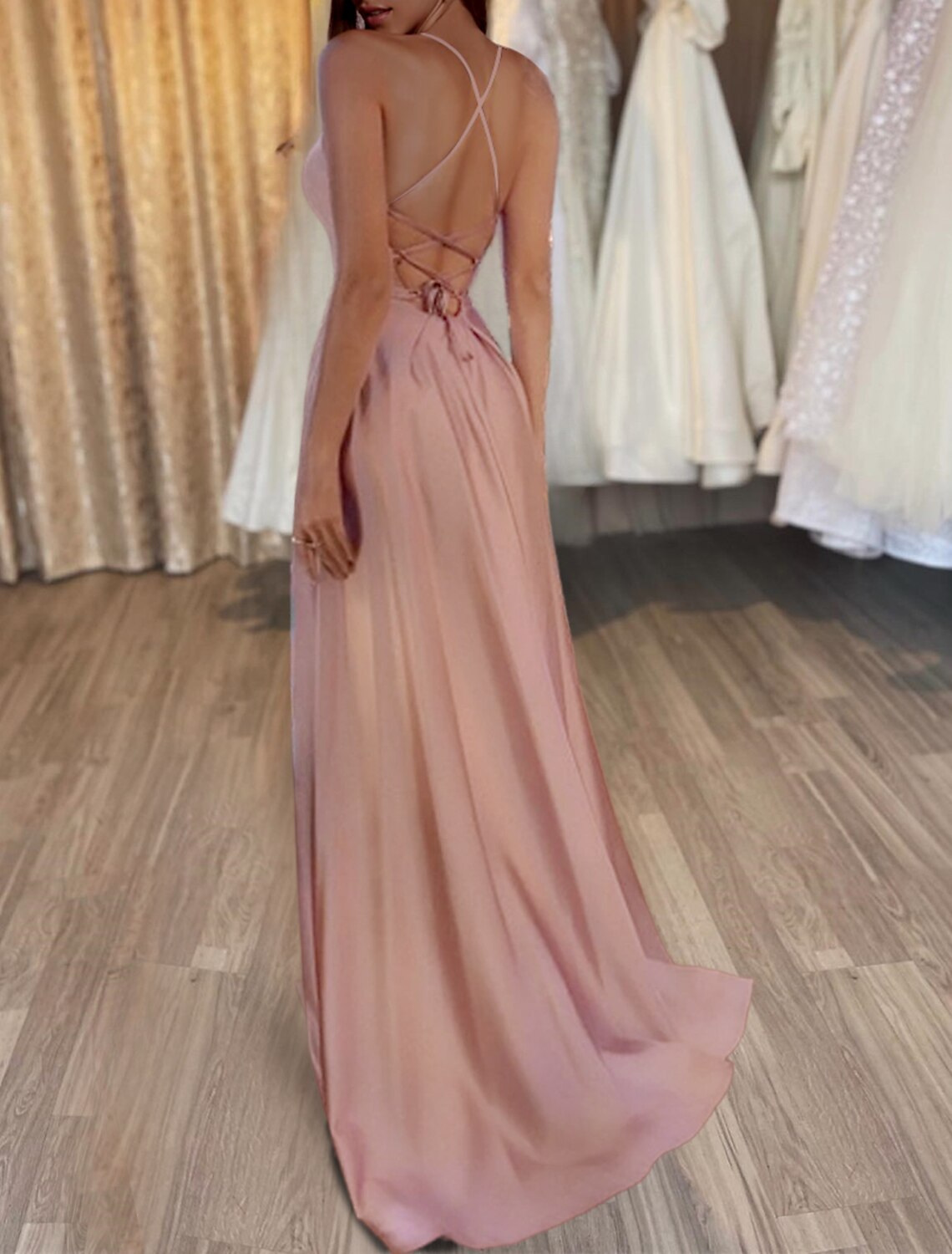 A-Line Evening Gown Backless Dress Formal Wedding Guest Sweep / Brush Train Sleeveless Spaghetti Strap Satin Backless with Slit 2025